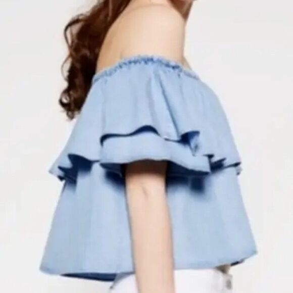 Zara Blue Denim Chambray Off the Shoulder Ruffle Top Size xs - Picture 1 of 9